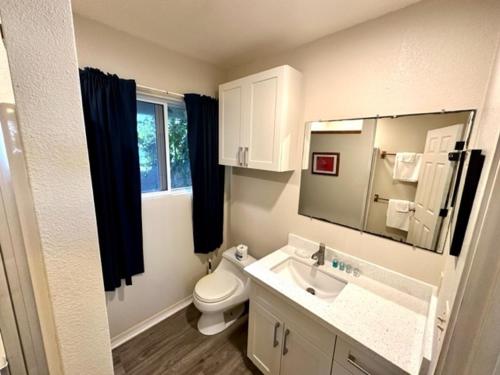 a bathroom with a toilet and a sink and a mirror at Waimanalo Beach Cottages in Waimanalo