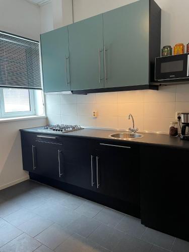 a kitchen with blue cabinets and a sink at Stadsappartement Valkhof in Nijmegen