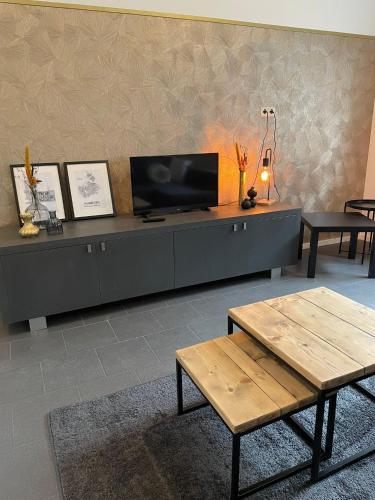 a living room with a large entertainment center with a flat screen tv at Stadsappartement Valkhof in Nijmegen