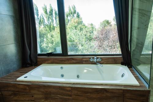 a bath tub in a bathroom with a large window at Jardines del Atuel in Valle Grande