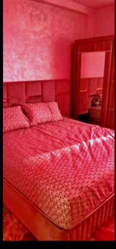 - une chambre rouge avec un lit doté d'une tête de lit rouge dans l'établissement Agence aziz, à Agadir