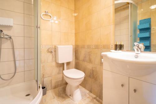 y baño con aseo, lavabo y ducha. en Apartments with a parking space Mrkopalj, Gorski kotar - 19212, en Mrkopalj