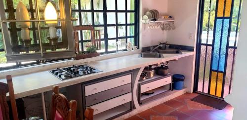 a kitchen with a counter with a stove and stained glass windows at Villa Valcore in Mérida