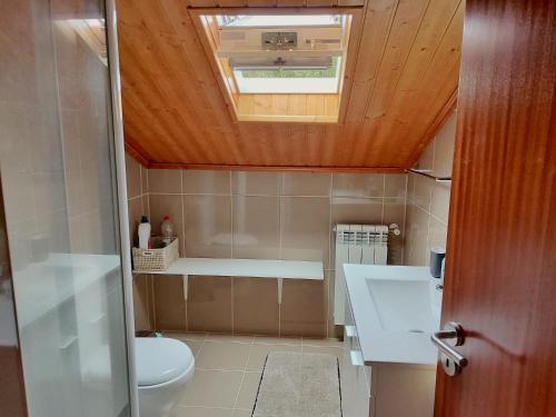 a bathroom with a toilet and a skylight at Ecorustics stay - Casa Estêvão in São Pedro do Sul