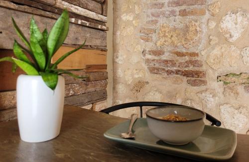 a bowl of soup on a table with a potted plant at Heritage Residences Signature Collection in Santo Domingo