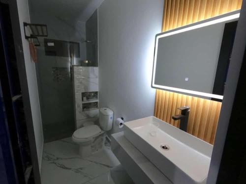 a bathroom with a toilet and a sink and a mirror at VILLA SARAMI in Villavicencio