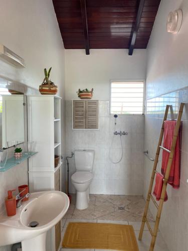 ein Badezimmer mit einem weißen Waschbecken und einem WC in der Unterkunft KARIFUNA-II in Baie Mahault