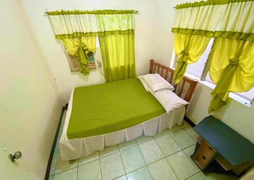 een kleine kamer met een groen bed en een raam bij Tamari's Rest house (Small house) in Lian