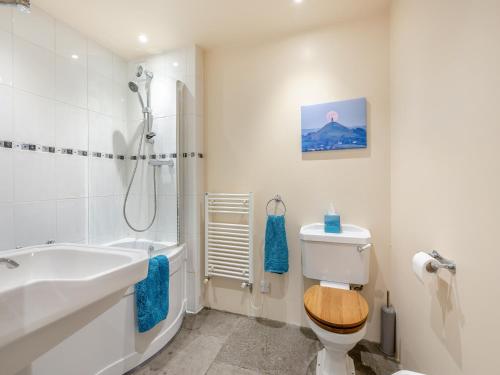a bathroom with a toilet and a sink and a shower at Chapel Barn - Uk46738 in Shapwick