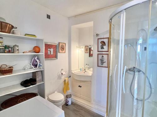 a bathroom with a shower and a toilet and a sink at Gîte familial avec terrasse et vue sur la Loire - FR-1-590-430 in Saint-Denis-de lʼHôtel