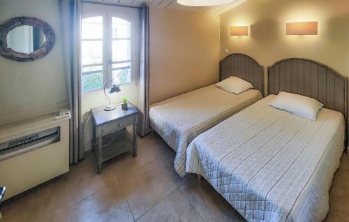 a bedroom with two beds and a tv and a window at Awesome Home In Saint-Laurent-De-La-Cabrerisse in Saint-Laurent-de-la-Cabrerisse