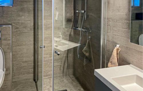 a bathroom with a glass shower with two sinks at Lovely Home In Oslo With Kitchen in Oslo