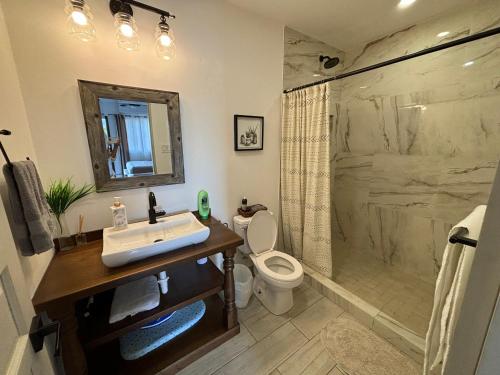 a bathroom with a sink and a shower and a toilet at Stylish Apartments near Best Western Hotel in Belize City