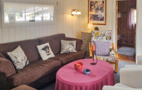 ein Wohnzimmer mit einem braunen Sofa und einem rosa Tisch in der Unterkunft 3 Bedroom Beautiful Home In Rmskog in Rømskog