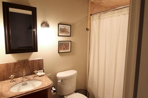 y baño con aseo, lavabo y ducha. en The Owl House en Galena