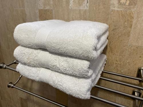- une pile de serviettes blanches sur un porte-serviettes dans la salle de bains dans l'établissement Casa Valle Alto, à Ciudad Valles
