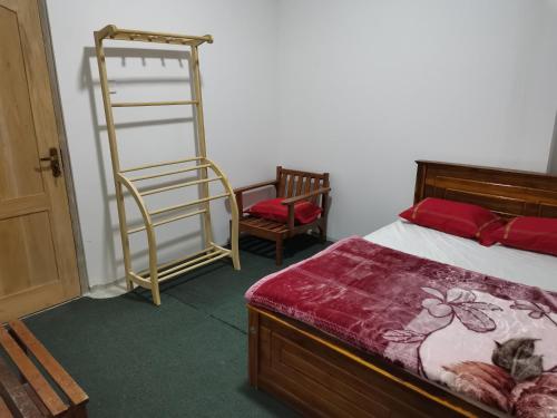 ein Schlafzimmer mit einem Bett, einer Leiter und einem Stuhl in der Unterkunft Traveler's Choice in Nuwara Eliya