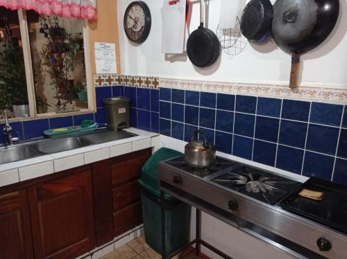 a kitchen with a stove and a sink with pots and pans at Hostel Casa Ridgway in San José