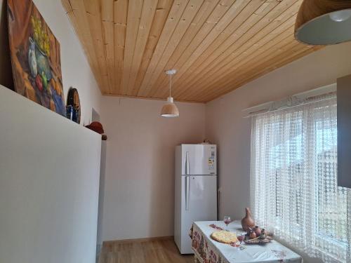 a kitchen with a white refrigerator and a window at Chogovadze's Guest House in K'vemo Zhoshkha