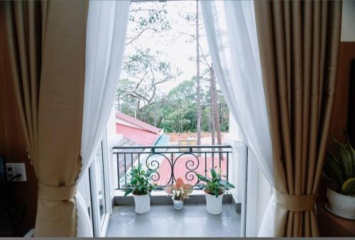 a balcony with potted plants and a window at Vân Dương hotel in Kon Von Kla