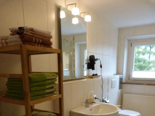 een badkamer met een wastafel en een spiegel bij Kreuzbergblick Bavarian Forest 
