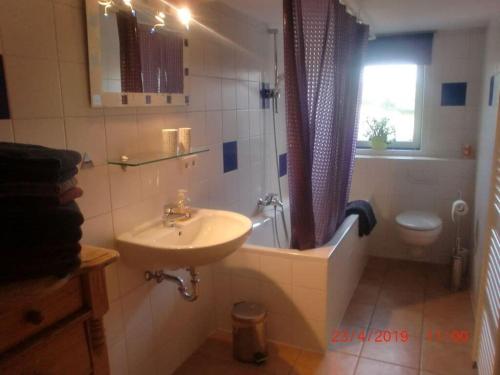 łazienka z umywalką, wanną i toaletą w obiekcie Pilsterhill Modern Retreat w mieście Oberleichtersbach