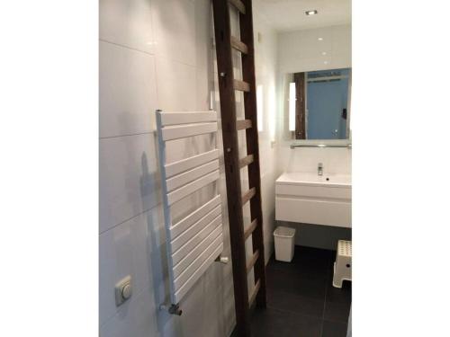 ein Badezimmer mit einem Waschbecken, einem WC und einem Spiegel in der Unterkunft Friesche Zusje on the IJsselmeer in Makkum