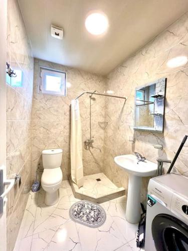 a bathroom with a toilet and a shower and a sink at N2 House in Chakvi