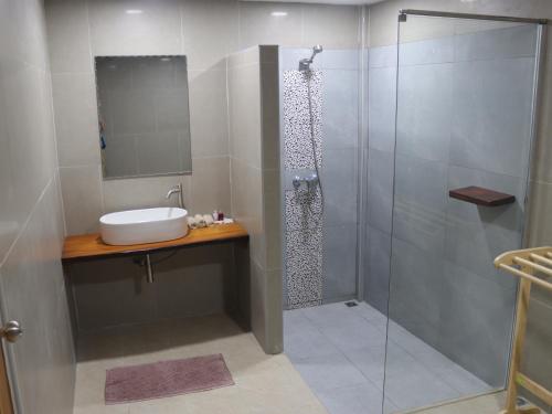 Baan Maka Nature Lodge في كانغ كاتشان: حمام مع حوض ودش زجاجي