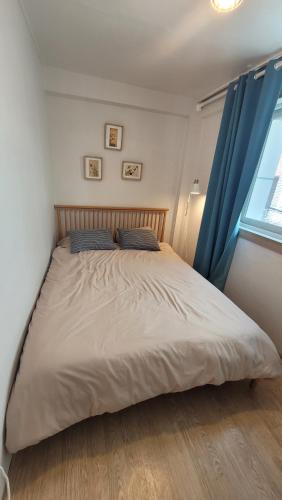 ソウルにあるCosy 2 room flat nearby riverのベッドルーム1室(青いカーテン付きの大型ベッド1台付)