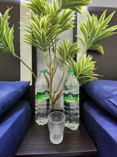 two bottles of water on a table with a plant at Sun Shine Home by Ipoh Maju Stay in Ipoh