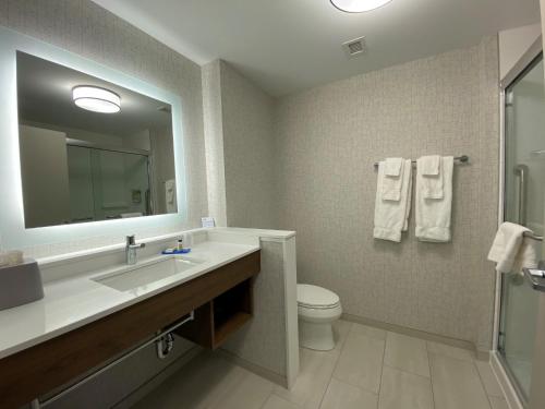 a bathroom with a sink and a toilet and a mirror at Holiday Inn Express & Suites - Aurora, an IHG Hotel in Aurora