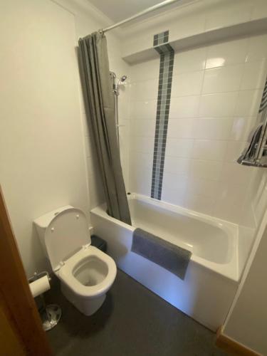 La petite salle de bains est pourvue d'une douche et de toilettes. dans l'établissement Apt 7 Cathedral & River view, à Norwich