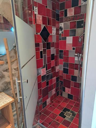 La salle de bains est pourvue d'une douche avec du carrelage rouge et noir. dans l'établissement locationseians var studio mimosa 2 etage, à Seillans