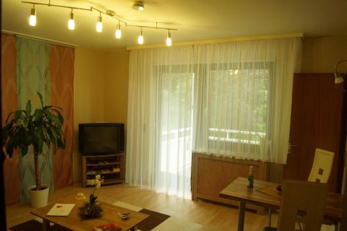 een woonkamer met een groot raam en een televisie bij Ferienwohnung für 2 Personen ca 42 qm in Baden-Baden, Schwarzwald Ortenau in Baden-Baden