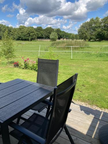 a picnic table and chair with a view of a field at Karupsvägen 47-23, Blentarp in Blentarp
