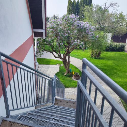 a staircase leading to a yard with a flowering tree at Apartmán Ptice in Ptice