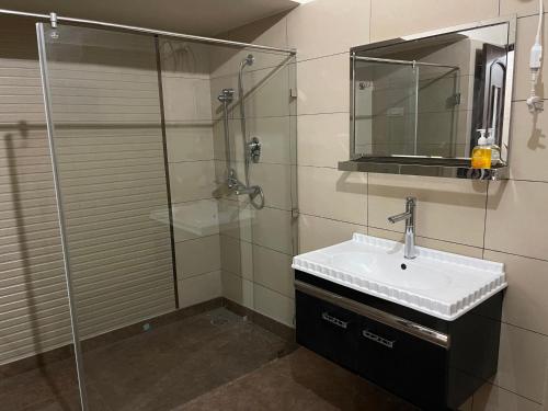 a bathroom with a sink and a glass shower at Urban Oasis in Amritsar