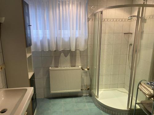 a bathroom with a shower and a tub and a sink at Ferienwohnung Lug in´s Land in Fichtelberg