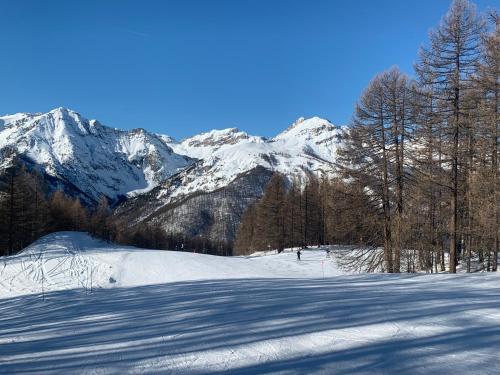 a snow covered mountain with trees and a snow covered slope at Appartement duplex pied des pistes et parking couvert in Arvieux