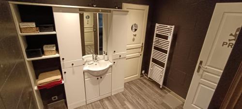 ein Bad mit einem Waschbecken und einem Spiegel in der Unterkunft Joli studio cosy in Combloux