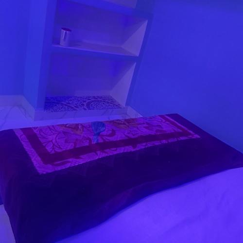 Habitación púrpura con cama con manta púrpura en Maa Durga niwas home stey en Ayodhya