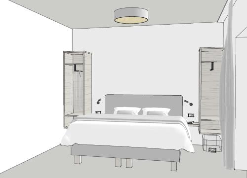 un dibujo de un dormitorio con cama en Bei Moser - Boutique Apartments Leutasch, en Leutasch