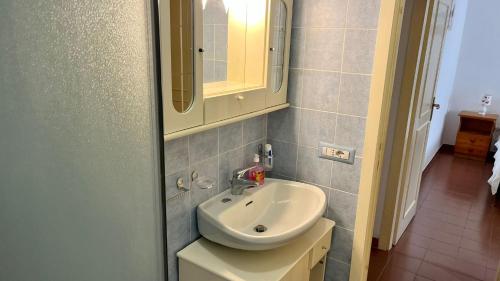 a bathroom with a sink and a mirror at Casa Mare La Veranda di Tonino in Platamona