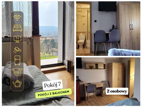 deux photos d'une chambre avec un skateboard sur un lit dans l'établissement Willa Ewa, à Polanica-Zdrój