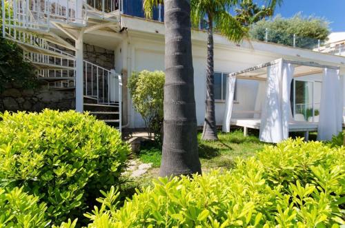 una casa blanca con un árbol y arbustos en Ferienwohnung für 4 Personen ca 45 qm in Taormina, Sizilien Ostküste von Sizilien - b57254, en Taormina