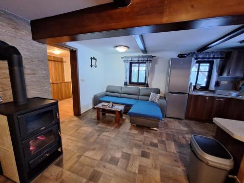 a living room with a couch and a stove at Chalupa U Křížku Říčky v Orlických horách in Říčky