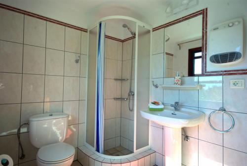 a bathroom with a shower and a toilet and a sink at Casa Visioneros Tijarafe LaPalma in Casaquemada