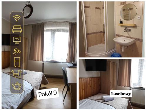 eine Collage mit drei Bildern eines Hotelzimmers in der Unterkunft Willa Ewa in Polanica-Zdrój