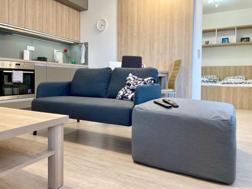 a living room with a blue couch and a ottoman at Great in Nivy